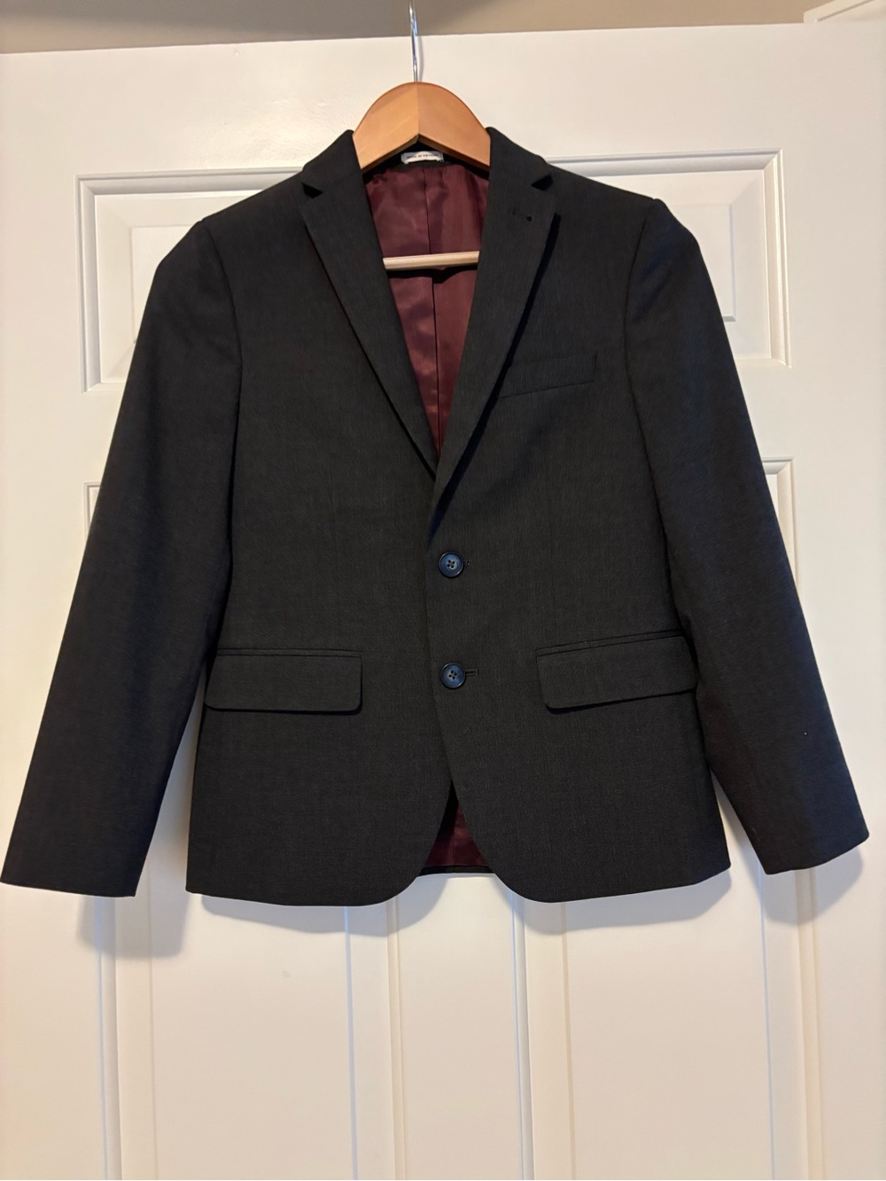 Joseph Abboud Boys Charcoal Gray Two-Button Blazer with Burgundy Lining
